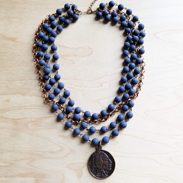 Frosted Blue Lapis Collar-Length Necklace with Copper Indian Head Coin 247b - The Jewelry Junkie