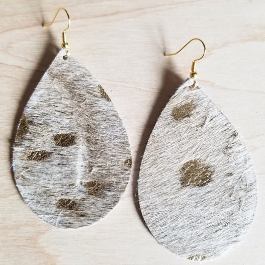 Leather Teardrop Earrings-Cream and Gold Hair On Hide 221i - The Jewelry Junkie