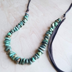Natural Turquoise Necklace with Leather Tassel Side Tie 245c - The Jewelry Junkie