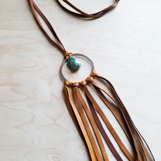 Tan Leather Dream Catcher Necklace with Turquoise Chunk 246t - The Jewelry Junkie