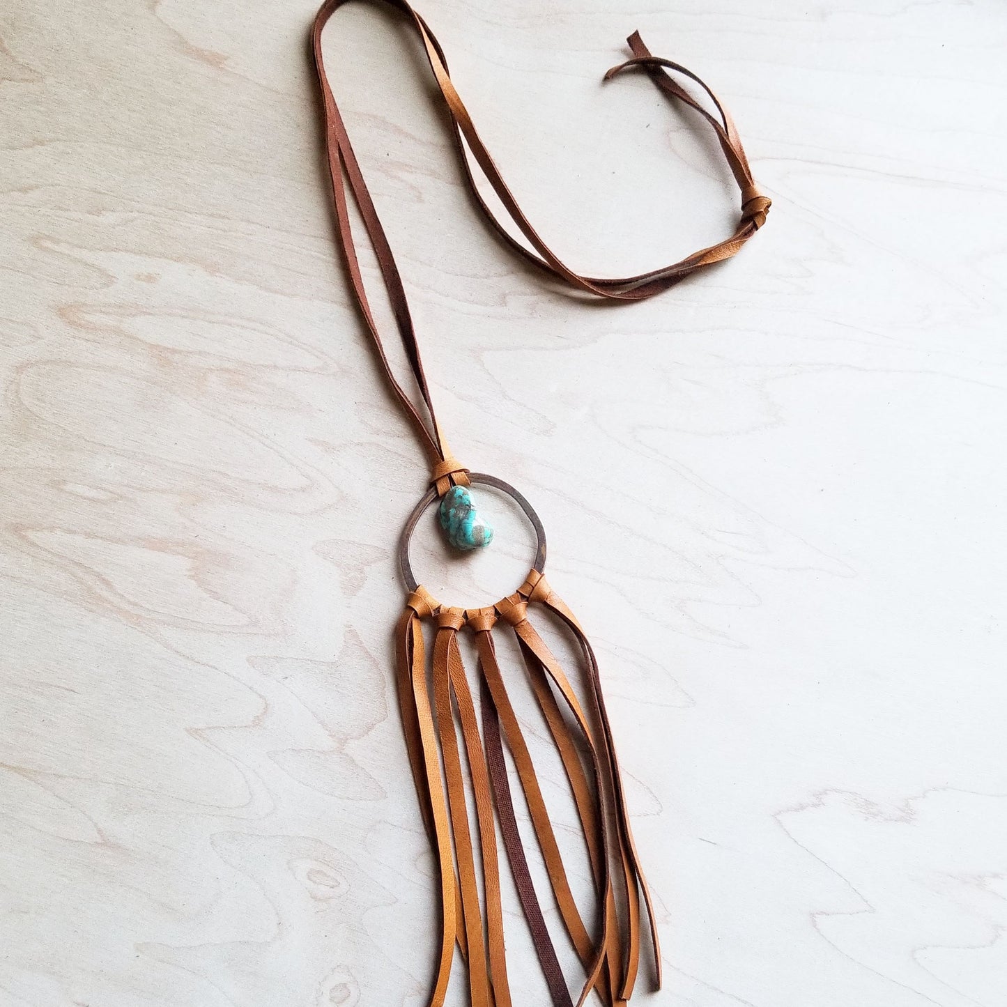 Tan Leather Dream Catcher Necklace with Turquoise Chunk 246t - The Jewelry Junkie