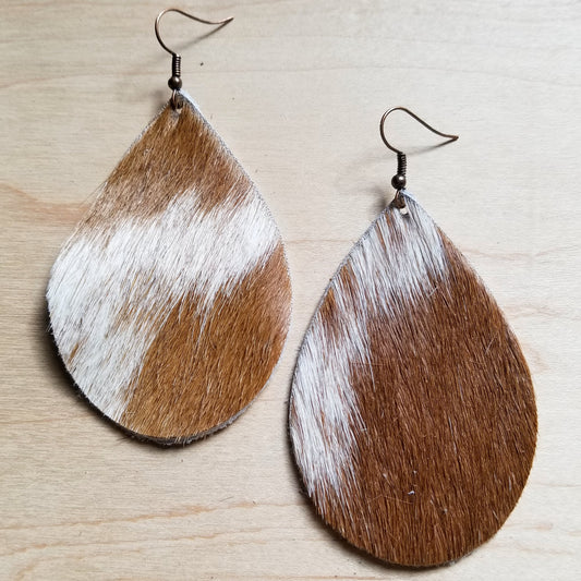 Leather Teardrop Earrings Tan and White Hair-on-Hide 222d - The Jewelry Junkie