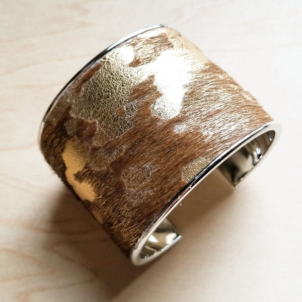 Hair-on-Hide Tan and Gold Metallic Leather Cuff Bangle Bracelet 008q - The Jewelry Junkie