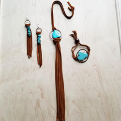 Leather Fringe Earrings with Turquoise Chunks Tan 223f