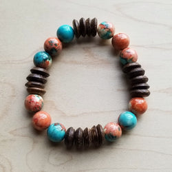Multi-Colored Turquoise and Wood Stretch Bracelet (802Q)