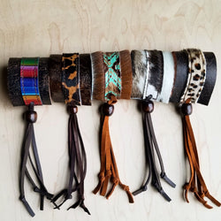 Boho Cuff Bracelet w/ Leather, Navajo Turquoise, Hair on Hide (009z)