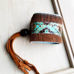 Boho Cuff Bracelet w/ Leather, Navajo Turquoise, Hair on Hide (009z)