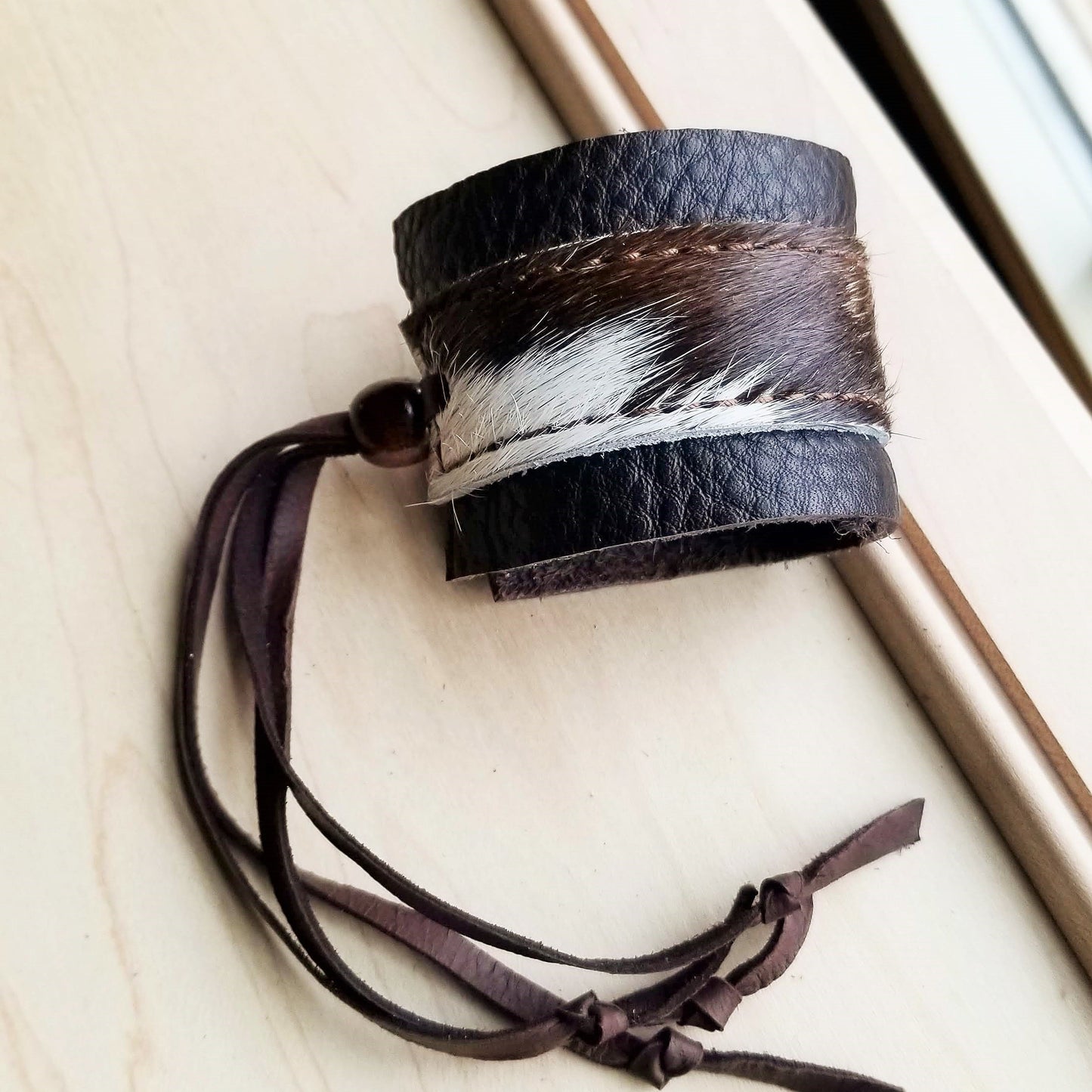 Leather Cuff w/ Adjustable Leather Tie- Brown & White Hair on Hide (010d)