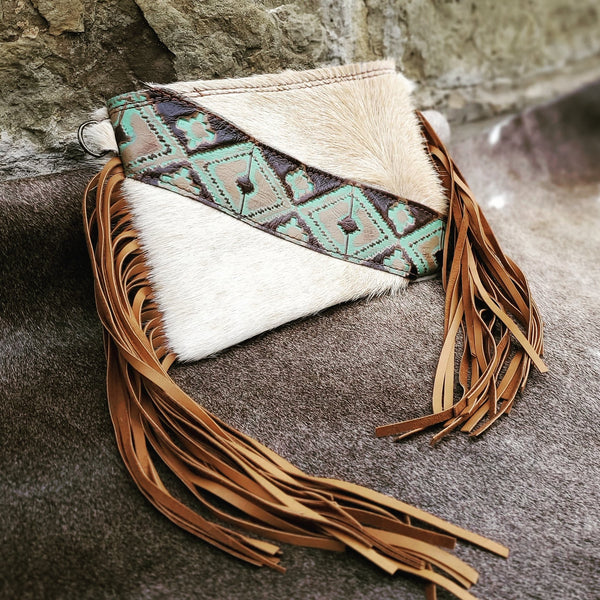 Hair on Hide Handbag w/ Leather Fringe and Navajo Side Accent 501z