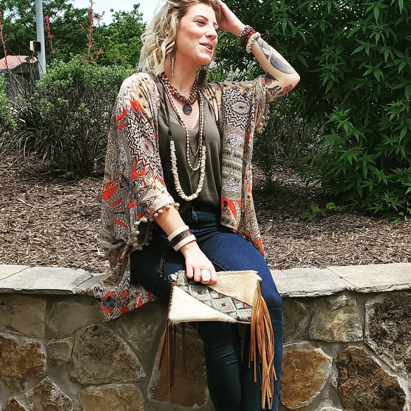Hair on Hide Handbag w/ Leather Fringe and Navajo Side Accent 501z