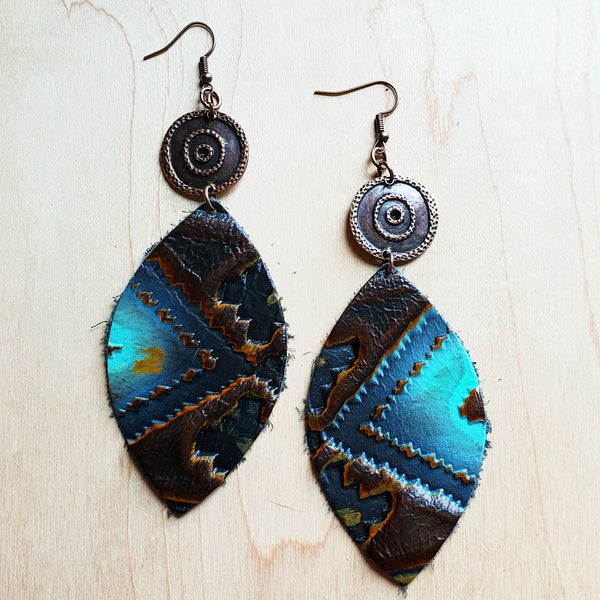 Leather Oval Earrings in Blue Navajo w/ Copper Discs 223p