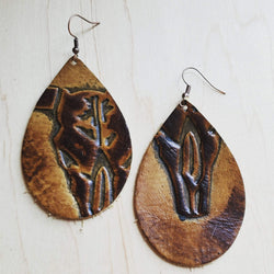 A pair of handmade leather earrings from The Jewelry Junkie.