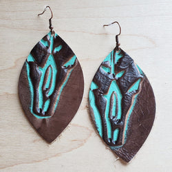 *Leather Oval Earrings in Embossed Brown/Turquoise Steer Head 224j