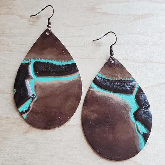 *Leather Teardrop Earrings in Brown/Turquoise Steer Heads 224k
