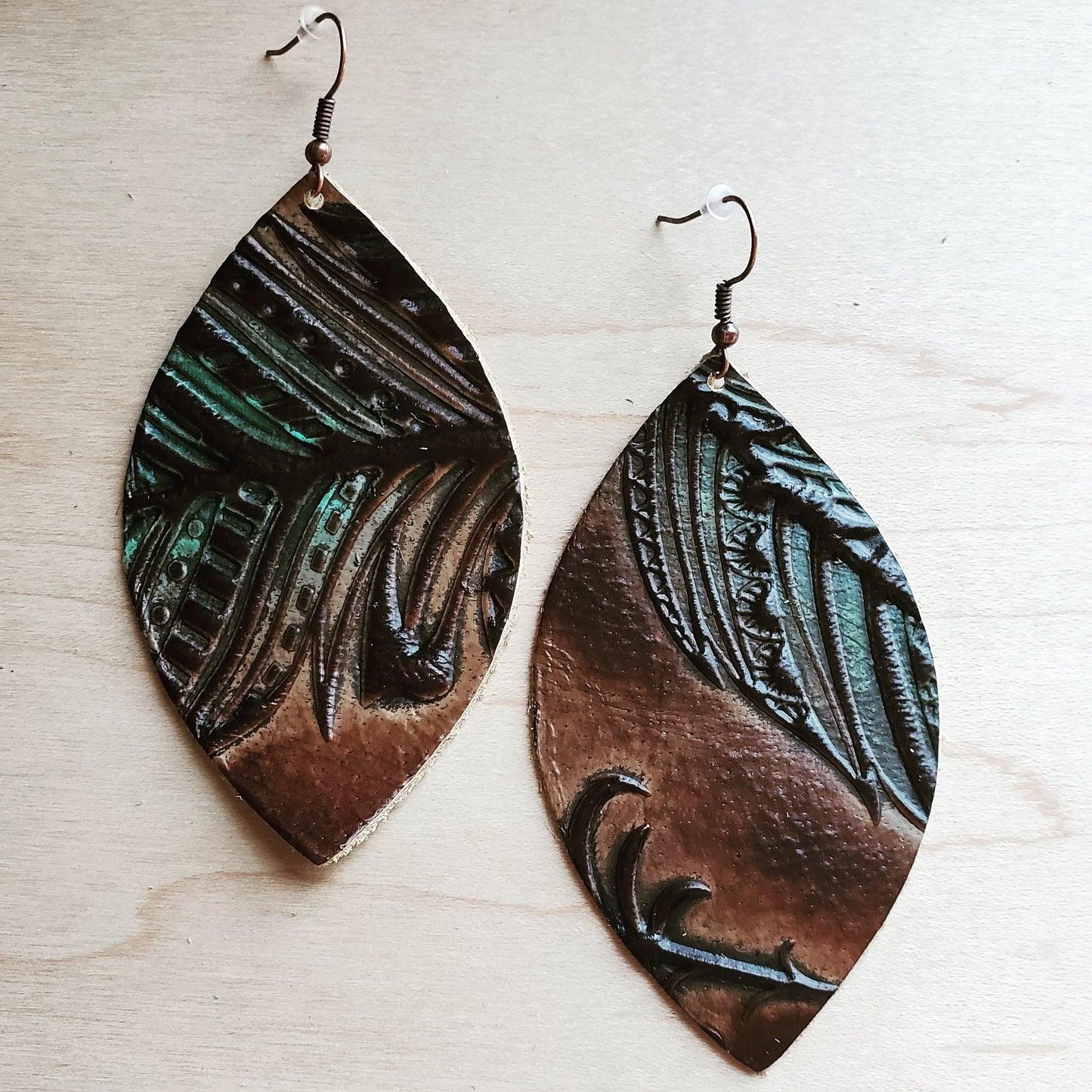 *Leather Oval Earrings in Embossed Tan/Turquoise Feathers 224h
