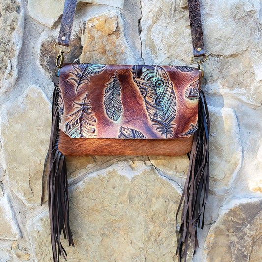 *Hair on Hide Handbag w/ Turquoise Feather Flap 502e