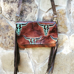 *Hair on Hide Handbag w/ Turquoise Steer Head Flap 502d
