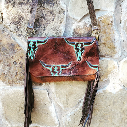 *Hair on Hide Handbag w/ Turquoise Steer Head Flap 502d