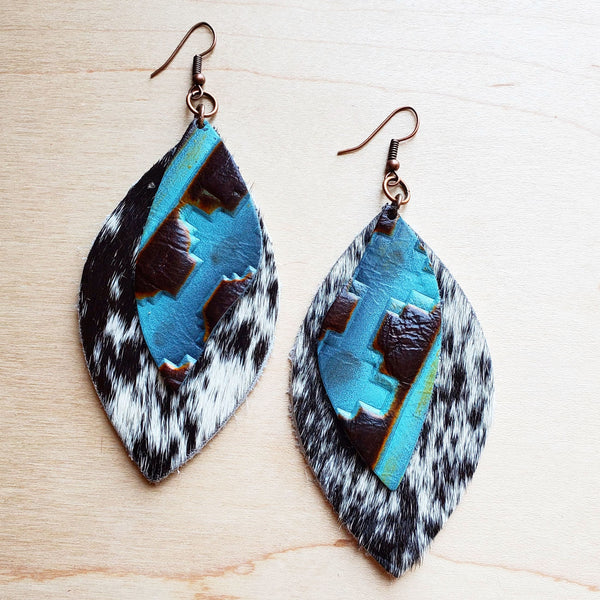 Leather Oval Gray Hide Earrings with Blue Navajo Accents 225a