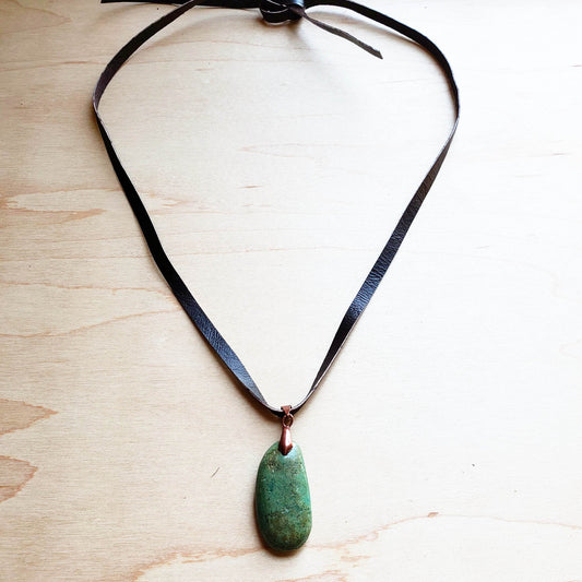 **Leather Necklace with Natural Turquoise Pendant-Brown 249r