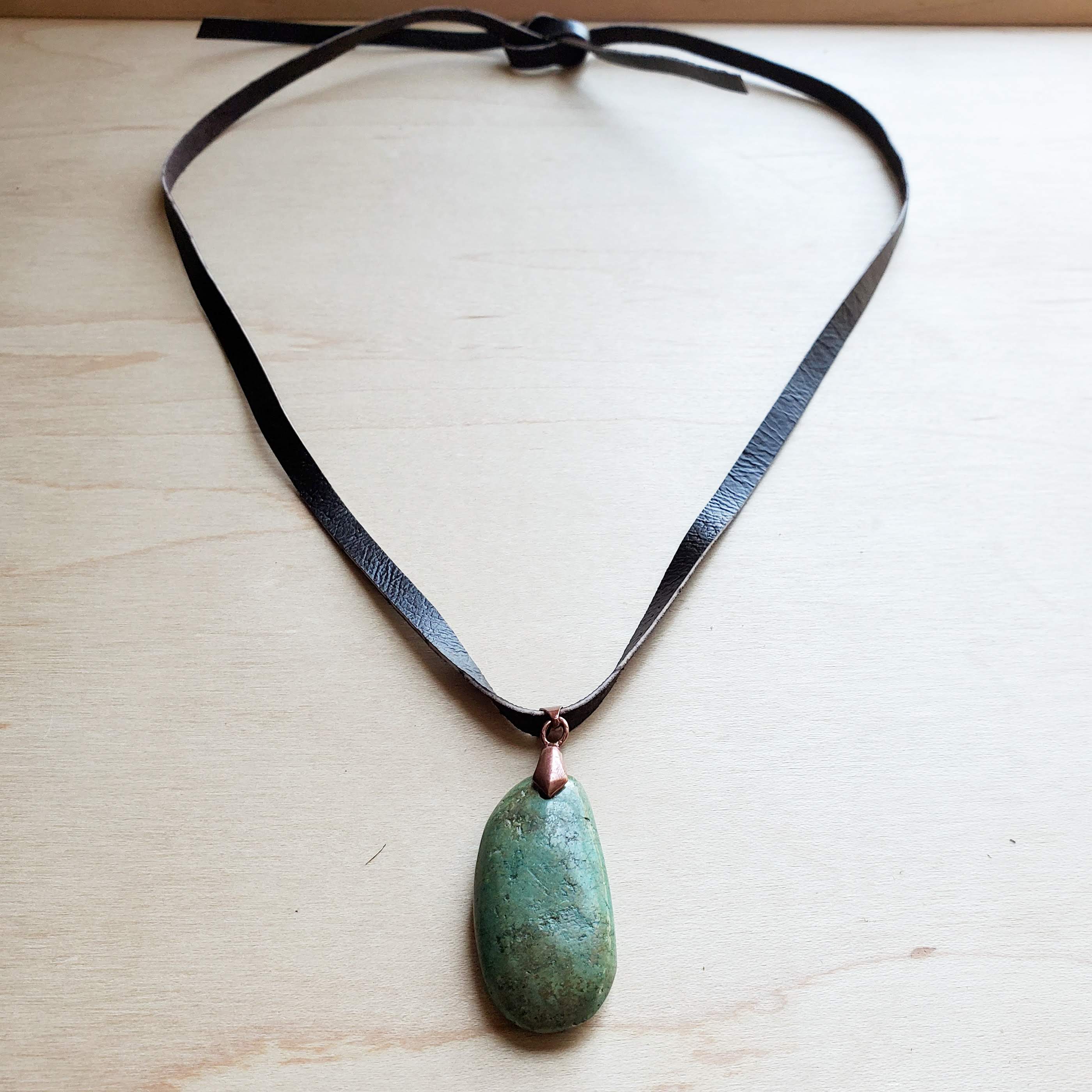 Leather Necklace with Natural Turquoise Pendant Brown 249r The