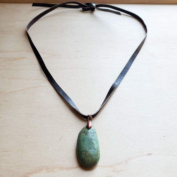 **Leather Necklace with Natural Turquoise Pendant-Brown 249r