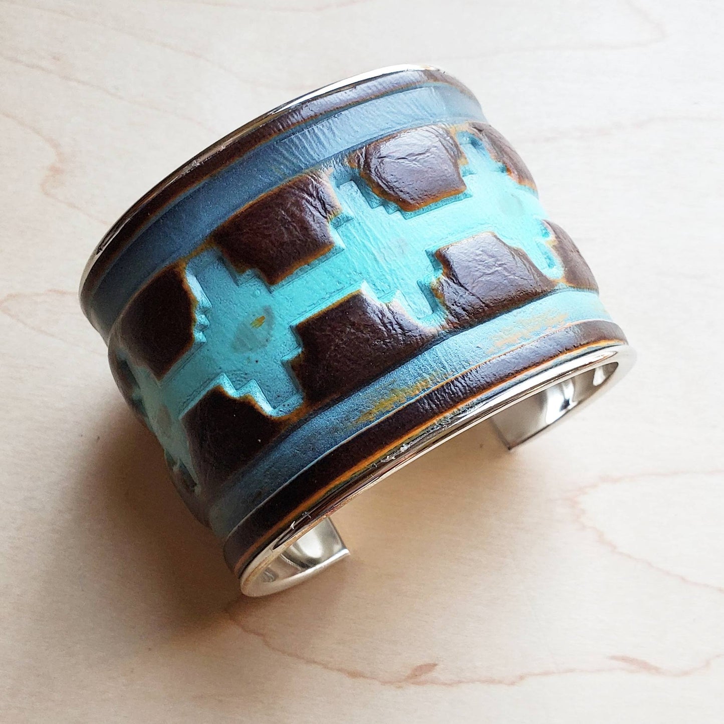 Wide Cuff Bangle Bracelet in Blue Navajo Leather 010r