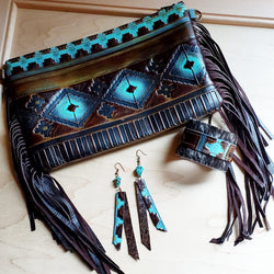 Blue Navajo Leather Embossed Clutch Handbag 502h