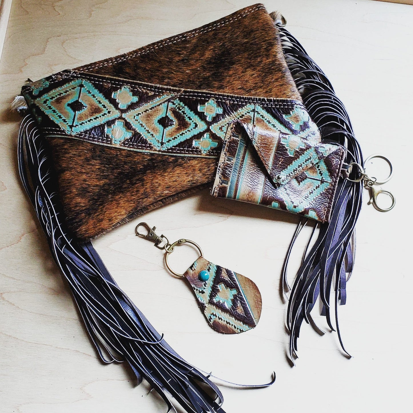 Hair on Hide Handbag w/ Leather Fringe and Navajo Side Accent 501z