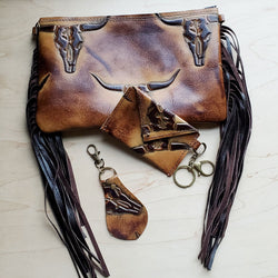 *Embossed Tan Steer head Leather Clutch Handbag 501n
