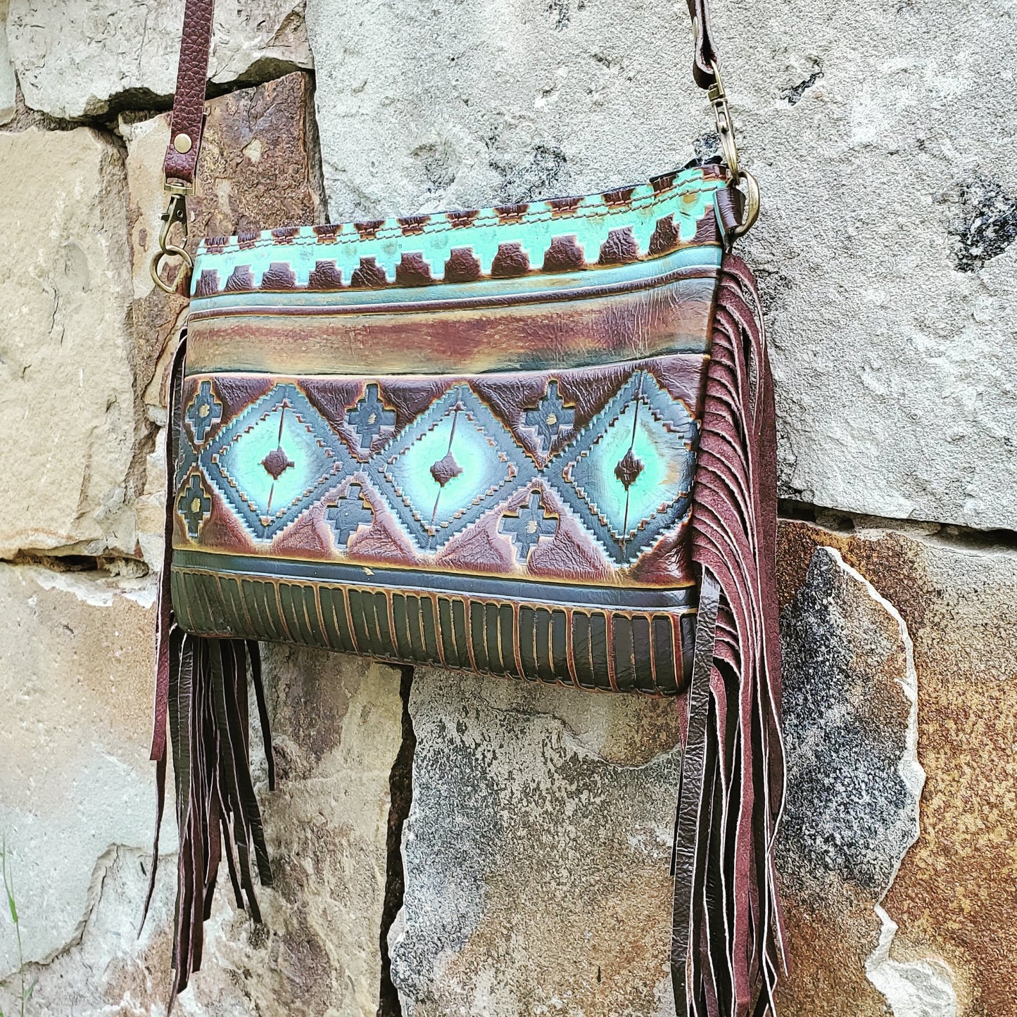 Blue Navajo Leather Embossed Clutch Handbag 502h