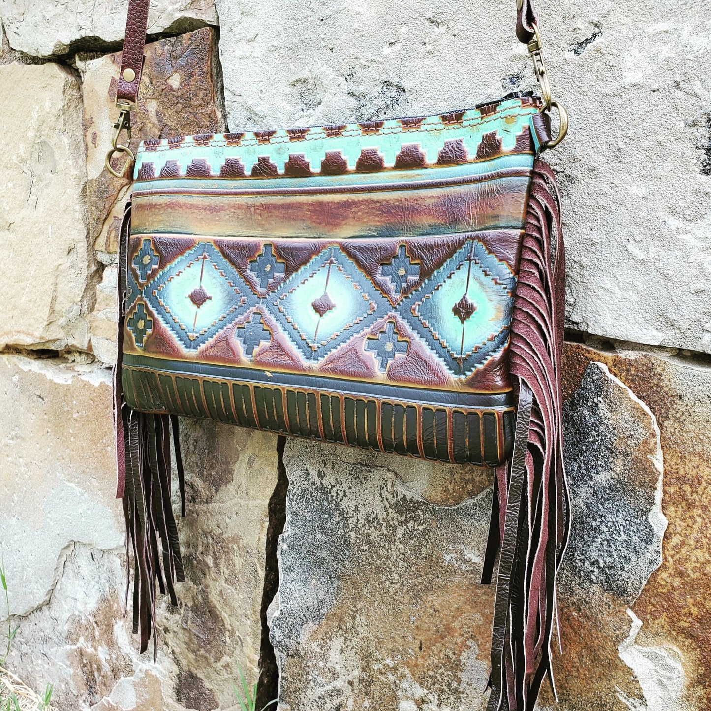 Blue Navajo Leather Embossed Clutch Handbag 502h