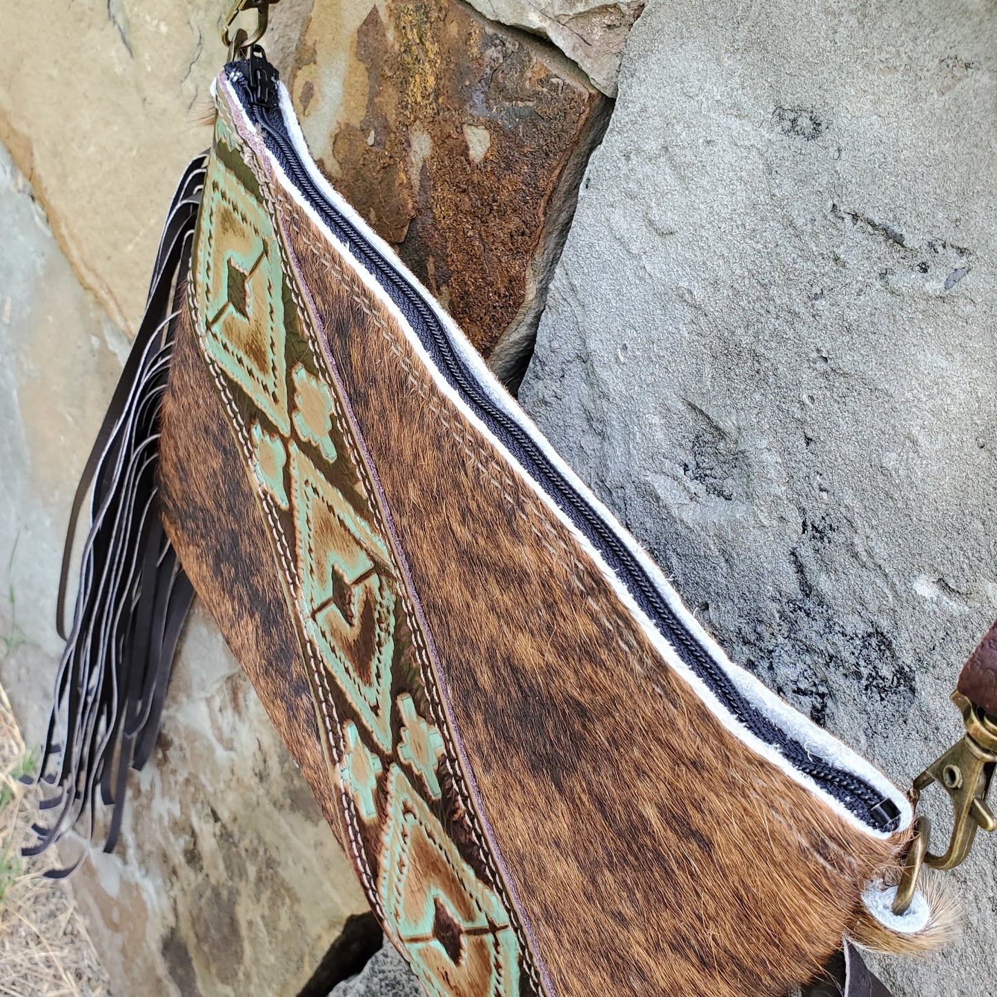Hair on Hide Handbag w/ Leather Fringe and Navajo Side Accent 501z