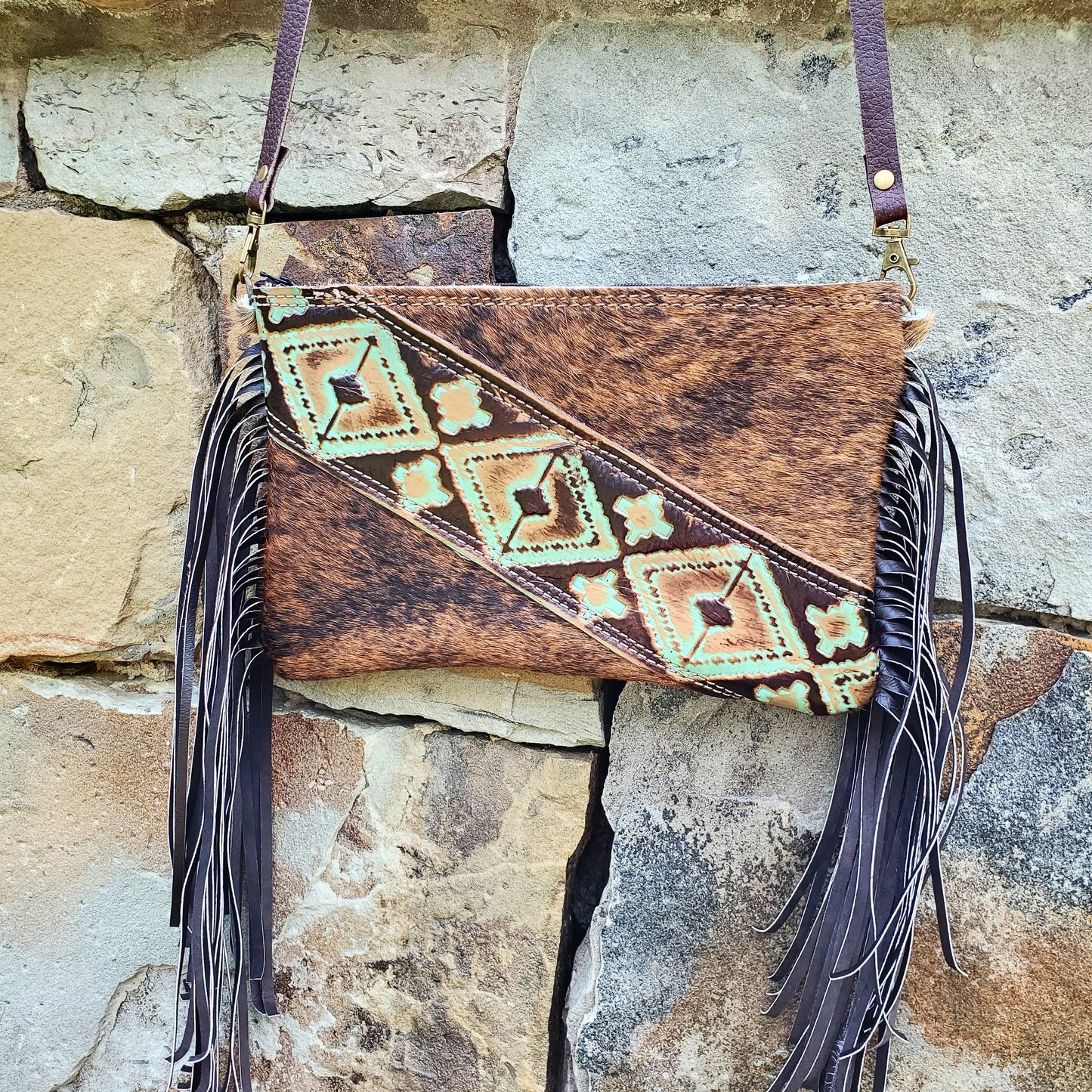 Hair on Hide Handbag w/ Leather Fringe and Navajo Side Accent 501z