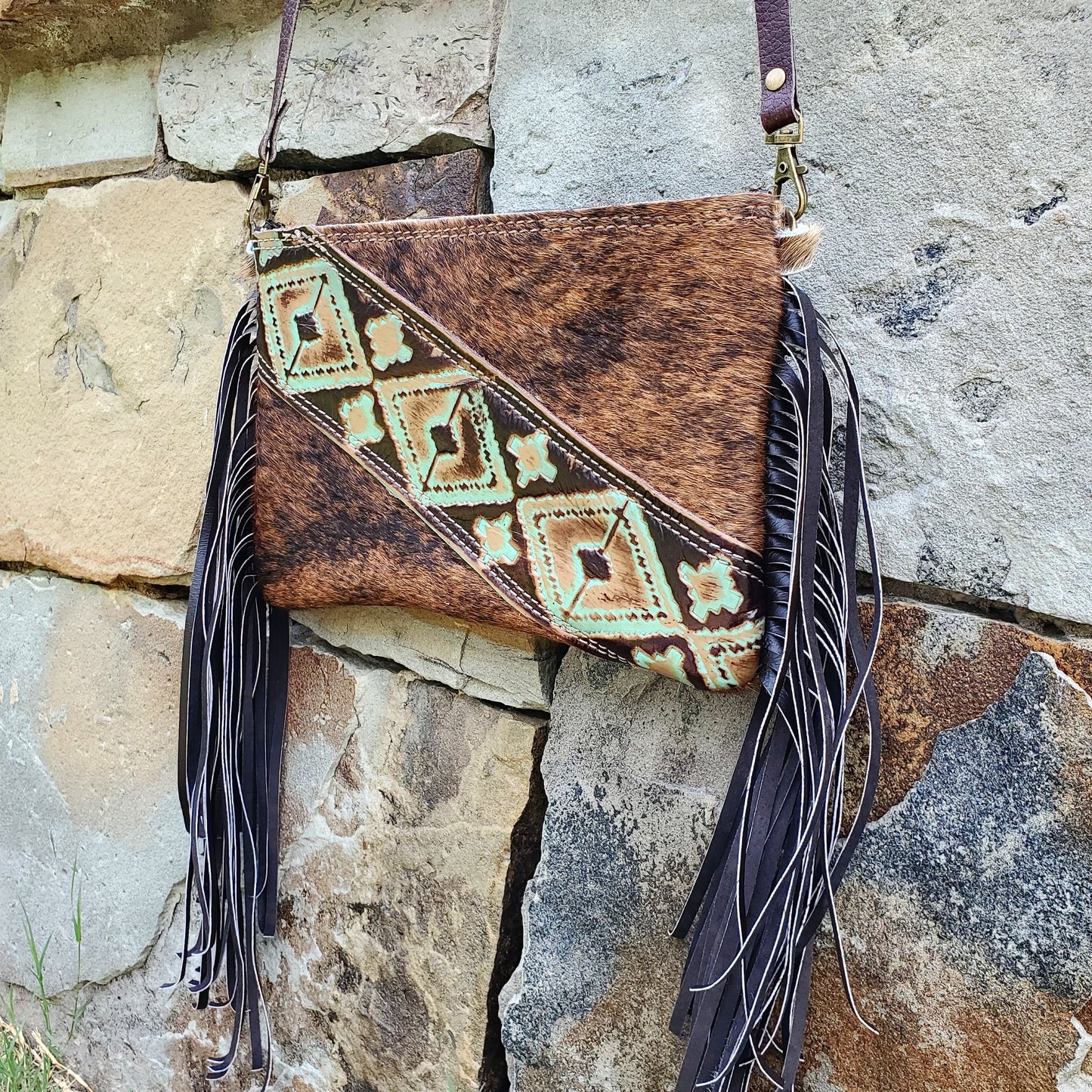 Hair on Hide Handbag w/ Leather Fringe and Navajo Side Accent 501z