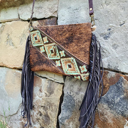 Hair on Hide Handbag w/ Leather Fringe and Navajo Side Accent 501z