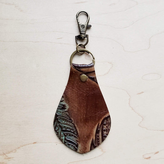 *Embossed Leather Key Chain - Turquoise and Tan Feather 700e