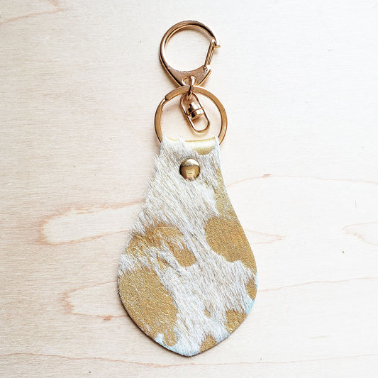 Hair on Hide Leather Key Chain - Cream and Gold 700p