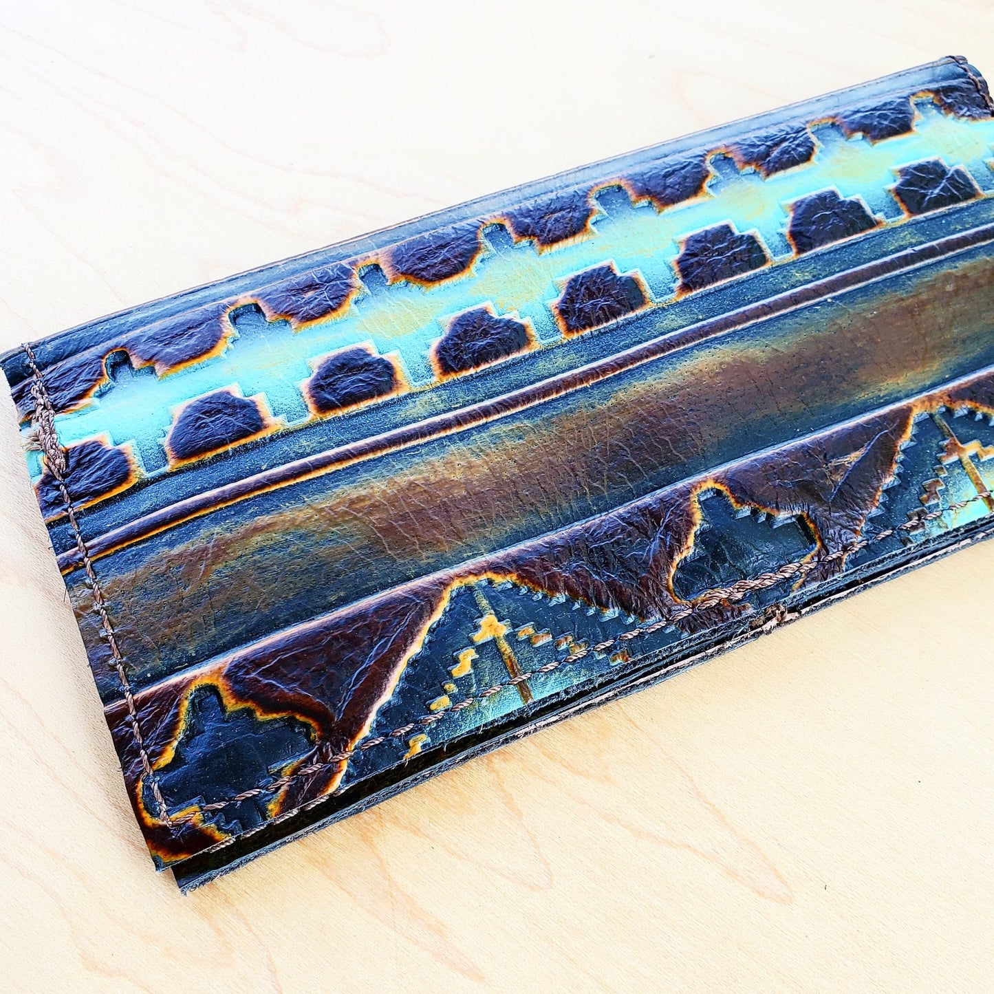Embossed Leather Wallet-Blue Navajo 300a