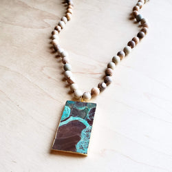 Bohemian Natural JASPER Beaded Necklace with Ocean Agate Pendant 245u
