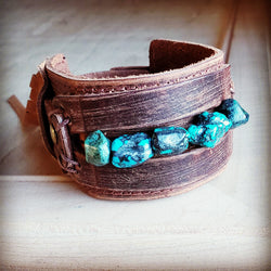 Dusty Leather Wide Cuff with African Turquoise Chunks 006p