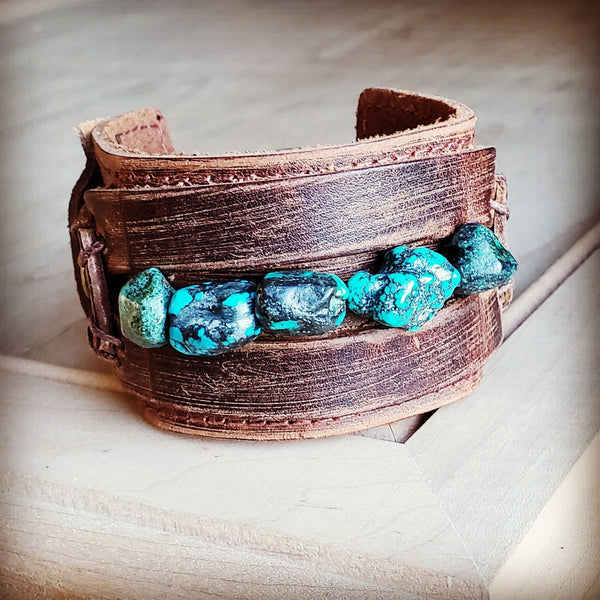 Dusty Leather Wide Cuff with African Turquoise Chunks 006p