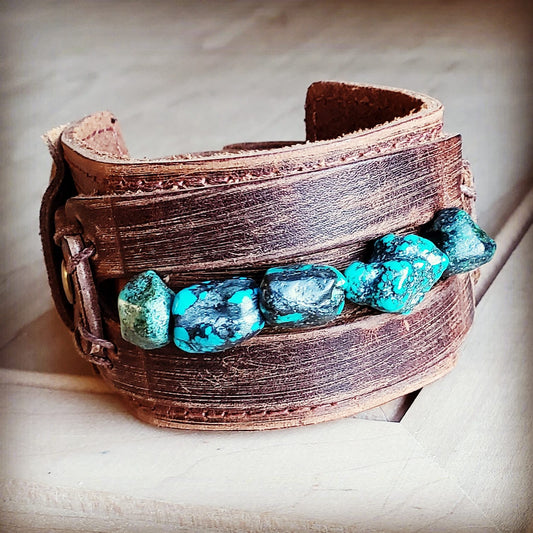 Dusty Leather Wide Cuff with African Turquoise Chunks 006p