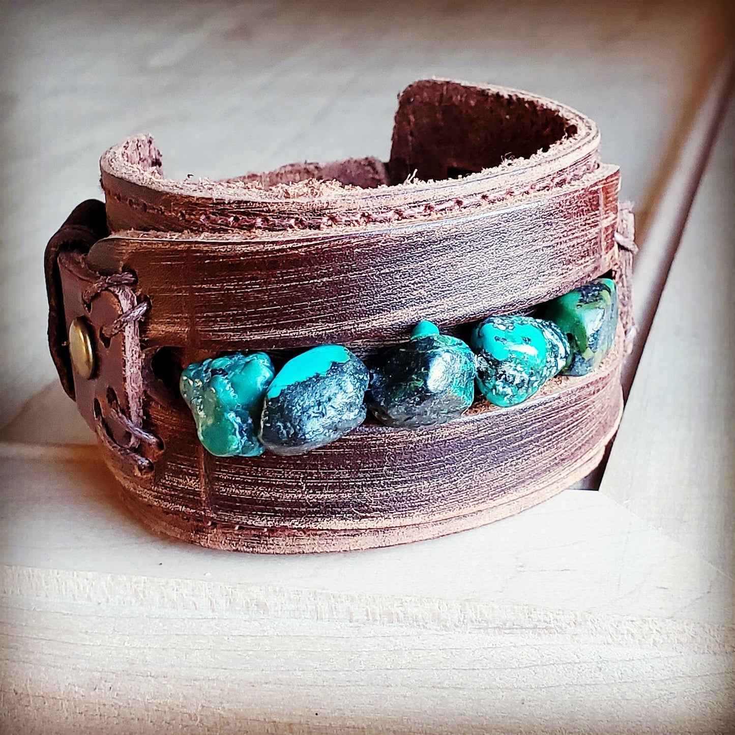 Dusty Leather Wide Cuff with African Turquoise Chunks 006p