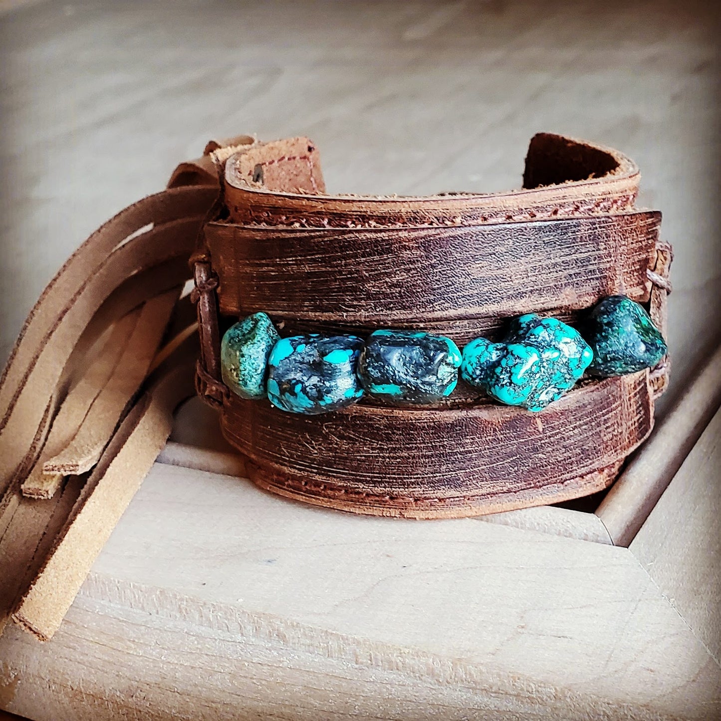 Dusty Leather Wide Cuff with African Turquoise Chunks 006p – The ...