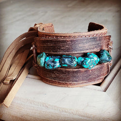 Dusty Leather Wide Cuff with African Turquoise Chunks 006p