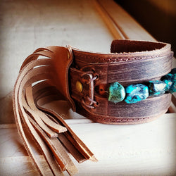 Dusty Leather Wide Cuff with African Turquoise Chunks 006p