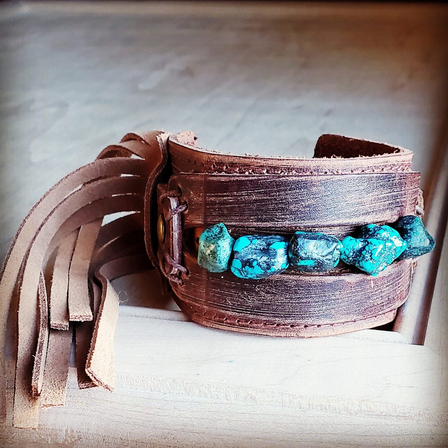 Dusty Leather Wide Cuff with African Turquoise Chunks 006p – The ...