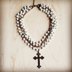 Pearl and Copper Collar-Length Necklace with Copper Cross 114G