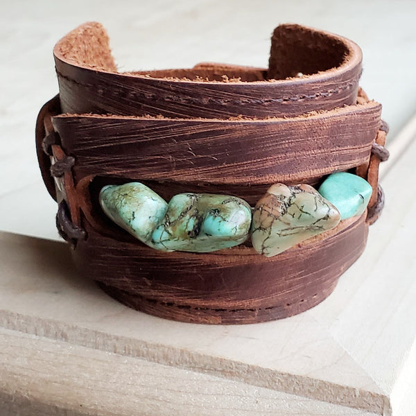 Dusty Leather Wide Cuff with African Turquoise Chunks 006p